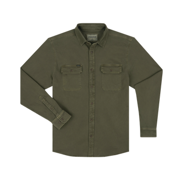 The Buck Snort olive green long sleeve shirt designed for outdoors with button closures and chest pockets