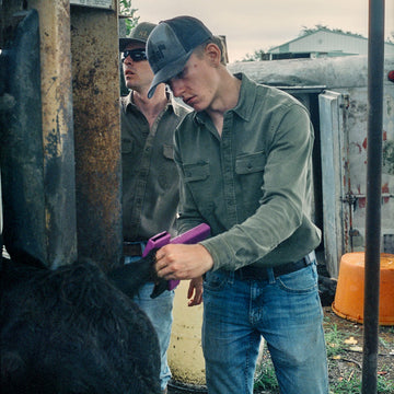The Buck Snort olive button up shirt worn by a man working with livestock outdoors
