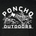 Graphic design with a silhouette of a cowboy on horseback roping a calf, with "Poncho Outdoors" text above and below.