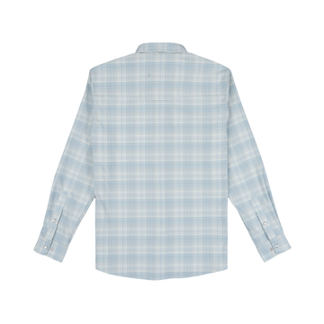 Light blue plaid long-sleeve shirt viewed from the back