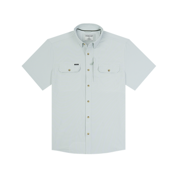 Light gray short-sleeve shirt with button closure and two chest pockets named The Carolina Rig.