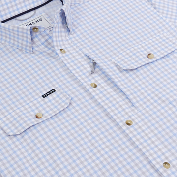 The Channel Cat blue and grey plaid men's fishing shirt with button-down collar and chest pockets