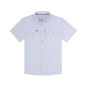 The Channel Cat blue and grey plaid short sleeve fishing shirt with button front and chest pockets
