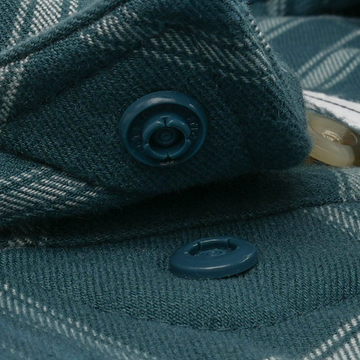 Close-up of buttons on The Codfather shirt in textured fabric