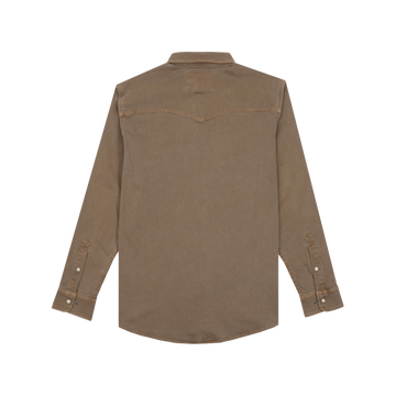 The Cotulla brown long-sleeve shirt laid flat showing back view with buttoned cuffs and structured shoulders