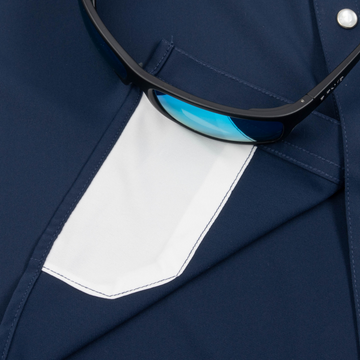 sunglasses with lens cleaner on shirt