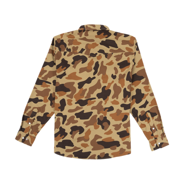 The Delta Cowboy shirt with a brown and tan camouflage pattern, perfect for outdoor adventures.