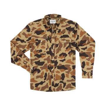The Delta Cowboy shirt with a rugged brown and tan camouflage pattern, designed for outdoors.
