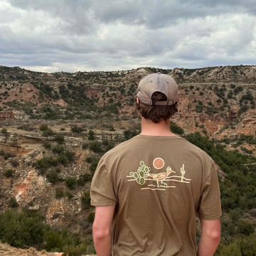man wearing desert run t shirt looking at canyon