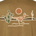 Minimalist desert landscape illustration with a roadrunner bird, cactus, and a setting sun on a brown background.