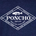 White diamond-shaped logo on navy background with a fish illustration and text about Poncho fishing shirts made in Austin, Texas.