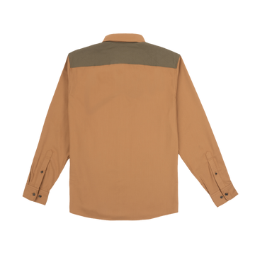 The Ditch Chicken tan with moss green men's outdoor shirt shown from the back with long sleeves