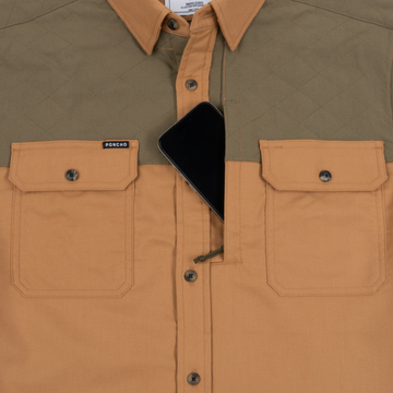 The Ditch Chicken men's outdoor shirt in tan with moss green panels, collar, button front, and flap pockets