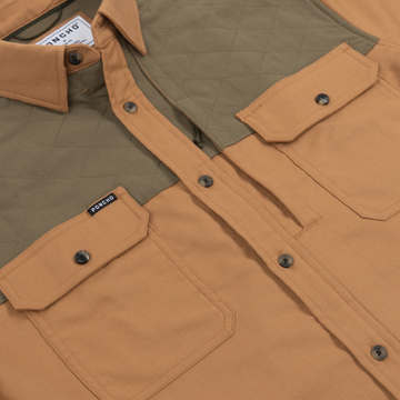 The Ditch Chicken Tan with Moss Green men's outdoor shirt with button front and dual flap chest pockets