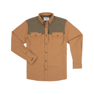 The Ditch Chicken tan with moss green men's outdoor shirt with long sleeves and button chest pockets