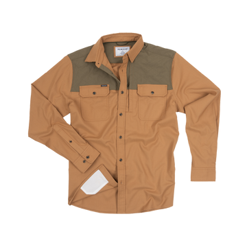 The Ditch Chicken tan with moss green men's outdoor shirt featuring long sleeves and dual button chest pockets