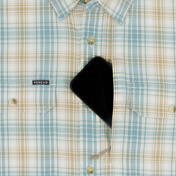 phone in chest zipper pocket of shirt