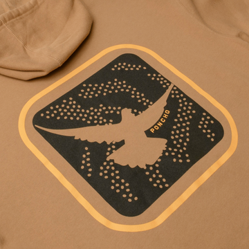 detail photo of back dove logo with hoodie