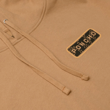 flyover photo of the dove shot hoodie logo and strings front