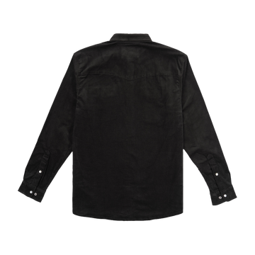 The Dusty Burro black long-sleeve shirt laid flat, showing back with buttoned cuffs and simple design.