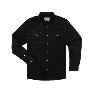 The Dusty Burro black long-sleeve shirt with buttoned chest pockets and snap buttons, made for outdoor wear.