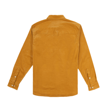 The Enfield shirt in warm mustard color with long sleeves and buttoned cuffs shown from the back.