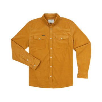 The Enfield mustard yellow button-up shirt with two front pockets and snap closures, perfect for outdoors.