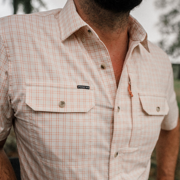 Close up of man wearing the gumbo shirt