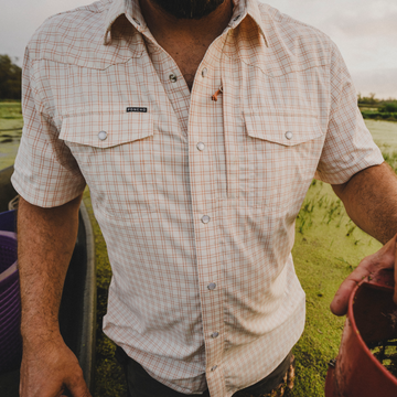 Close up of man wearing the Etouffee shirt