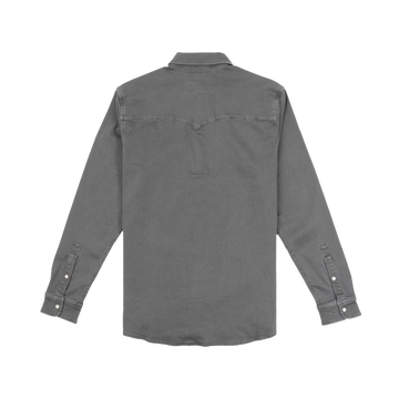 The Falfurrias shirt in a muted gray tone, shown from the back with long sleeves and buttoned cuffs.