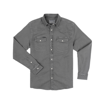 The Falfurrias shirt in faded gray with button-down front and dual chest pockets, designed for outdoors comfort.
