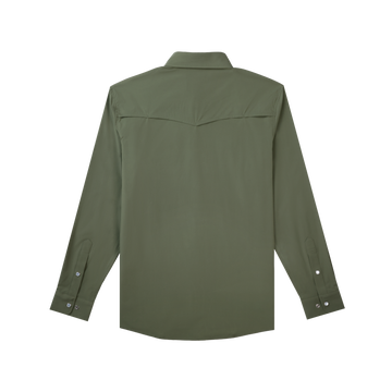 back of olive green lock sleeve shirt
