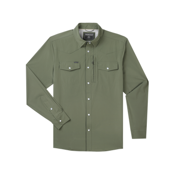 product photo front of olive green long sleeve shirt