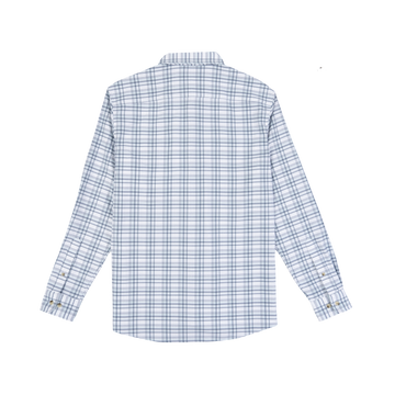 The Fog Horn long sleeve blue and white plaid shirt back view