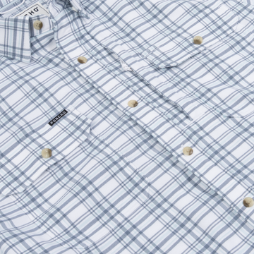 White and gray plaid button-up shirt with wooden buttons, featuring The Fog Horn label detail