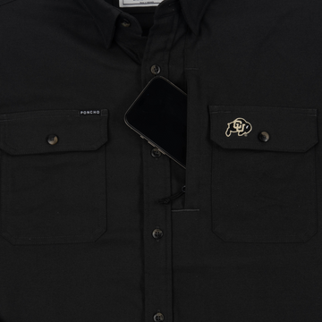 phone in chest zipper pocket of shirt