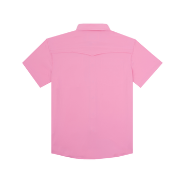 The Foreman pink men's outdoor shirt shown from the back with short sleeves and curved yoke stitching