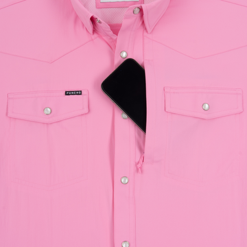 The Foreman pink men's performance outdoor shirt with snap buttons and dual chest pockets