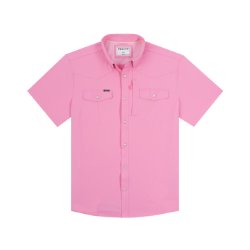 The Foreman pink men's outdoor shirt with short sleeves, button front, and dual chest pockets