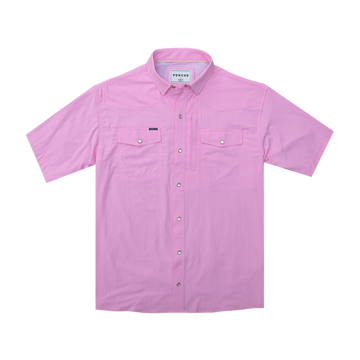 Pink short-sleeve button-up shirt with a collared neckline and two chest pockets