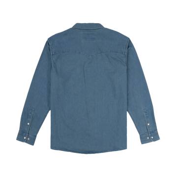 Back view of The Fort Davis shirt in blue denim with long sleeves and buttoned cuffs.