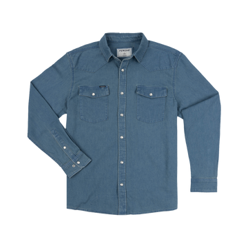 The Fort Davis denim shirt with buttoned chest pockets and long sleeves laid flat against a white background