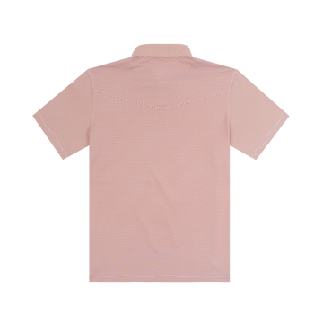 The Forty striped burnt orange men's outdoor shirt shown from the back with short sleeves and collar