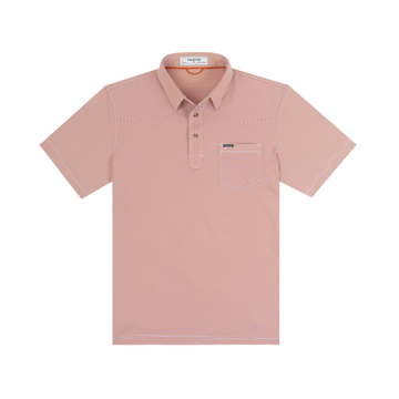 The Forty striped burnt orange men's outdoor polo shirt with short sleeves, button collar, and chest pocket