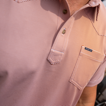 The Forty Striped Burnt Orange men's outdoor shirt with button placket and chest pocket
