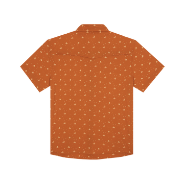 The Fourth and Five short-sleeve shirt in rust orange with a subtle all-over outdoor-inspired pattern.