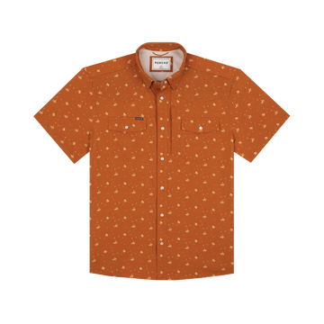 The Fourth and Five short sleeve shirt in burnt orange with subtle outdoors-inspired print and button closures.