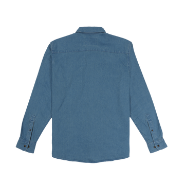 The Franklin blue denim shirt shown from the back