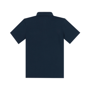 The Front Porch men's navy performance outdoor shirt with short sleeves and collared back for fishing