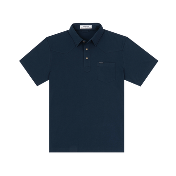 The Front Porch navy men's outdoor polo shirt with short sleeves, button placket, and chest pocket